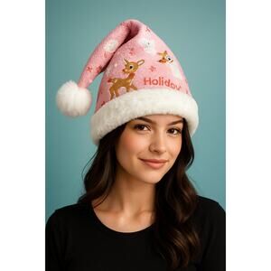 Vintage Rudolph Misfit Toys Upcycled Santa Hat Pink Faux Fur Trim OSFM